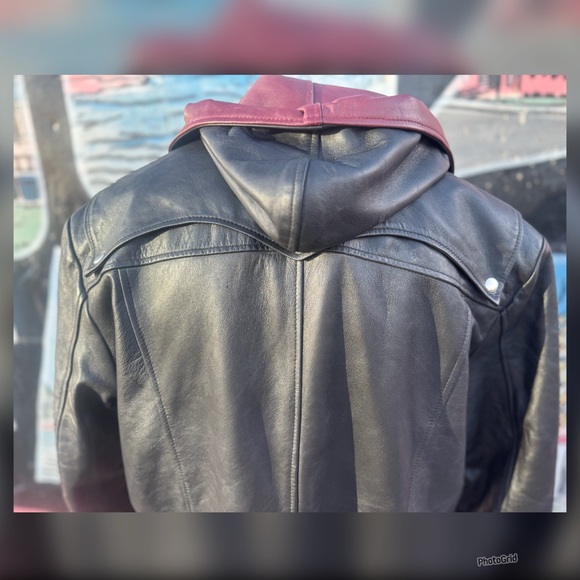 Vintage 1980’s Black & Burgundy Leather Trench Duster Men’s Coat with Hood XL - Picture 5 of 10